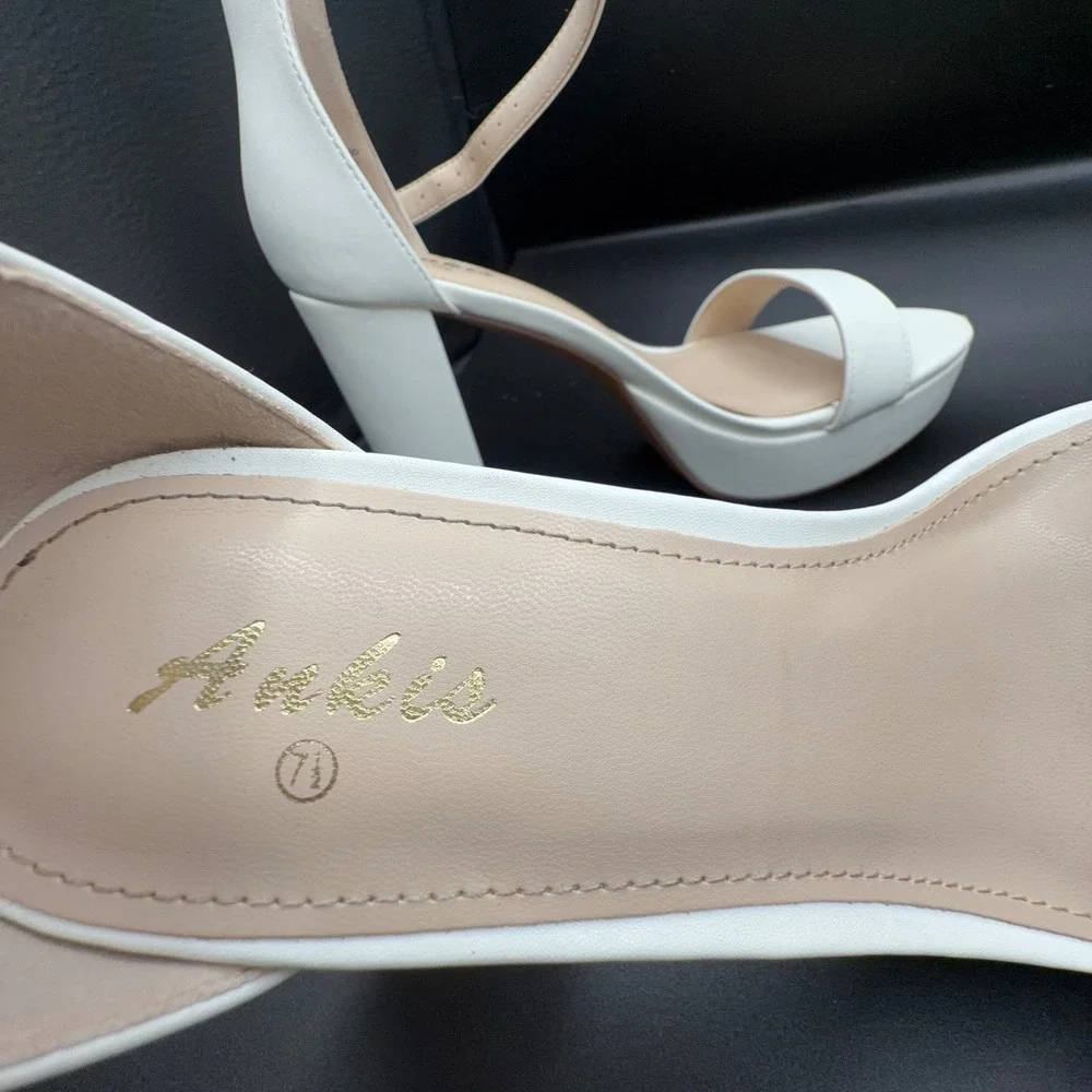 Ankis Womens White Platform Block Heel Sandals Ankle Strap Open Toe Size 7.5